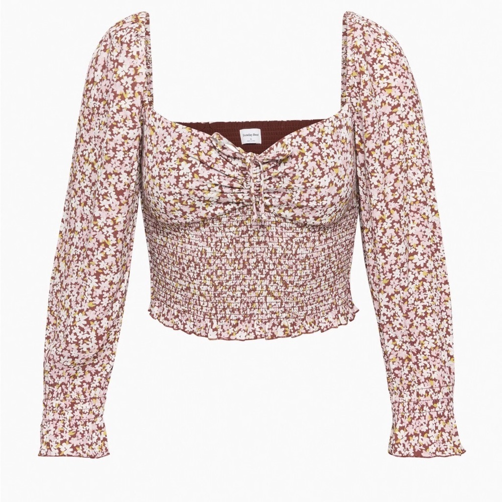 Aritzia Sunday Best Sinatra Blouse Top Womens Small Smocked Crop Floral Cottage